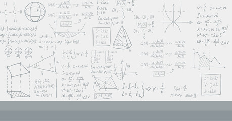 Background of white blackboard with mathematical equations.