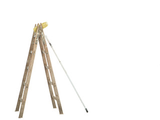 painter wooden ladder with roller paint and paint
