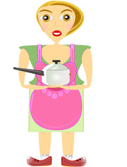 Mujer con delantal y olla a presión.