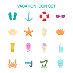 Set of 16 colored icons about vacation and summer. 

