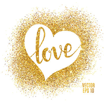 Love lettering and heart, gold sparkles background. 