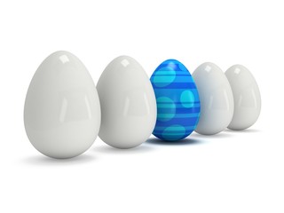 Blue easter egg in a row of the white eggs