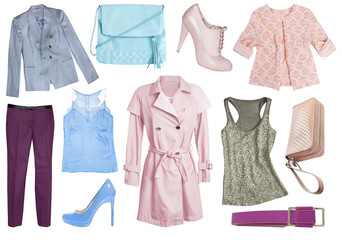 Female woman clothes set collage isolated.