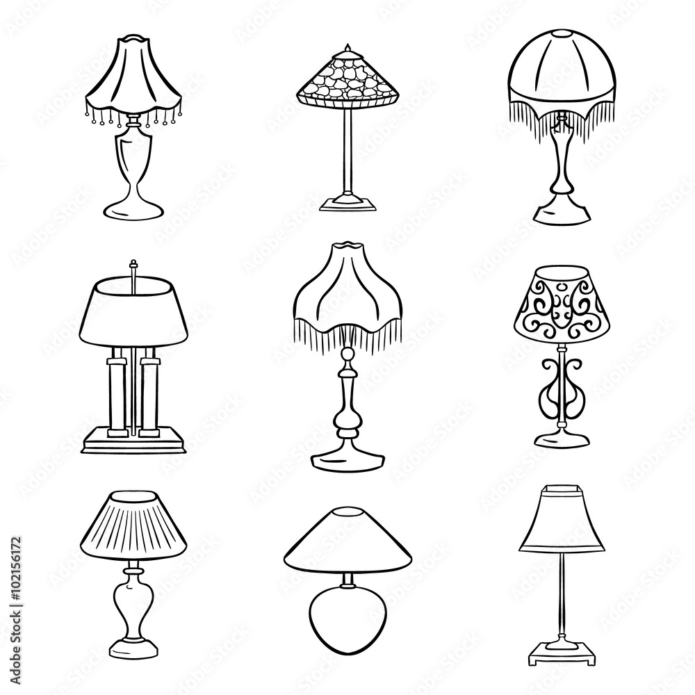 Wall mural set of sketched table lamps with lampshades. vector illustration. set of isolated black contoured ob