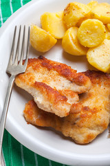 Fried chicken breast fillet on a white plate.
