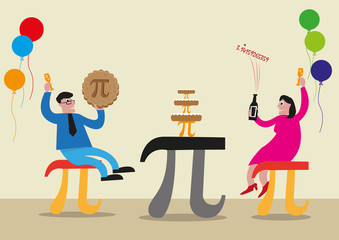 Happy Pi Day concept. People are celebrating with Pi Greek Letter symbol made as chairs, food and tables. Editable Clip Art.
