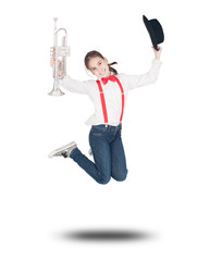little girl with trumpet jumping on a white background