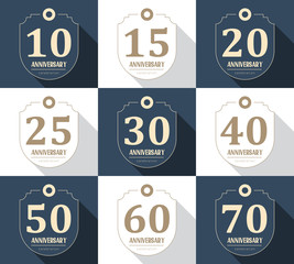 Vector set of anniversary signs, symbols. 10, 15, 20, 25, 30, 40, 50,60, 70 years jubilee design elements collection. 10th, 15th, 20th, 25th, 30th, 40th, 50th,60th, 70th anniversary logo.