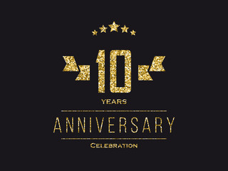 Ten years anniversary celebration golden logotype. 10th anniversary gold logo.
