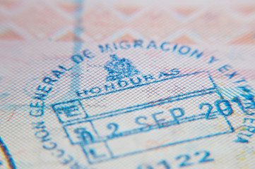 Macro of arrival stamp of Honduras in passport