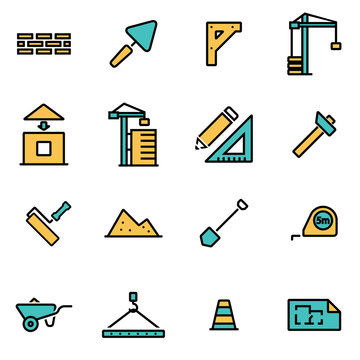 Trendy flat line icon pack for designers and developers. Vector line construction icon set, construction icon object, construction icon picture, construction icon image - stock vector