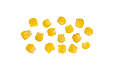 Several grains of canned corn isolated