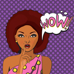 WOW bubble pop art.Surprised Black Woman With Open Mouth. Vintage comic poster with a girl. Pop Art illustration of a woman with the speech bubble. Party invitation. Birthday greeting card