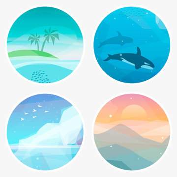 4 Landscape vector illustrations in low poly geometric style. Icons of tropical island, underwater fauna, iceberg, mountains at sunset. Nature eco illustration