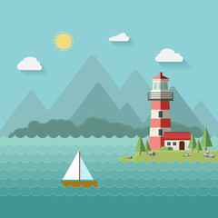 Fototapeta premium Lighthouse on beach, island, mountains background, yacht or ship