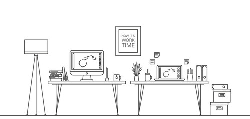 Thin Line Work Space Vector Illustration with Table, Laptop, etc