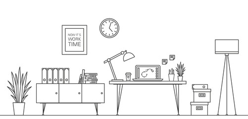 Thin Line Work Space Vector Illustration with Table, Laptop, etc - 102164312