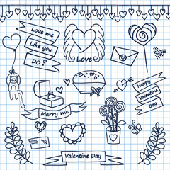 Valentines day icon set. Happy valentines dae. Marry me. Love me like you do. Love sketch in the notebook. Cat on the ball. Illustration. hand drawn . vector.