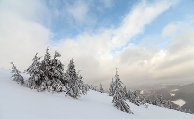 Obraz premium Bad weather in the mountains. Winter landscape. Cloudy evening with storm clouds. Carpathians, Ukraine, Europe