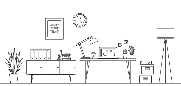 Thin Line Work Space Vector Illustration with Table, Laptop, etc