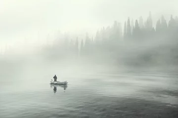 Fototapeten Mann, der auf einem Boot in einem nebligen See fischt © fran_kie