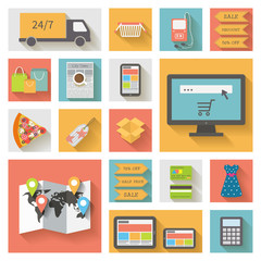 Internet shopping, e-commerce concept. Icons set with long shadows.