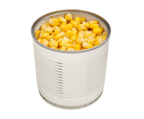Open tin can of corn, isolated.