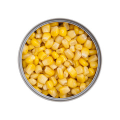 Open tin can of corn, isolated.