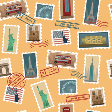 Travel Postage Stamps Seamless Pattern: USA, New York, London, Paris