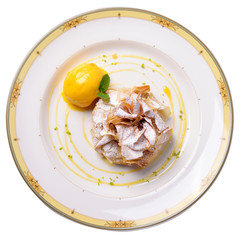 apple strudel with raspberry ice cream and a sprig of mint, isol