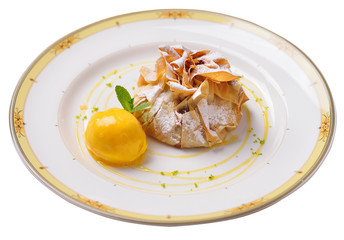 apple strudel with raspberry ice cream and a sprig of mint, isol