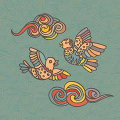 Hand-drawn illustration of two flying birds and clouds decorative