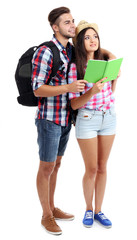 A pair of happy tourists sightseeing in summer, isolated on white