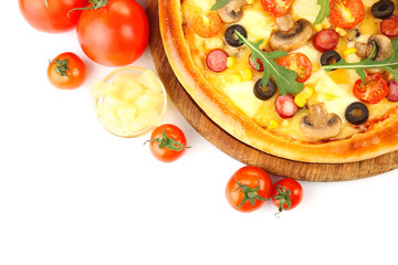 Delicious pizza with vegetables, isolated on white
