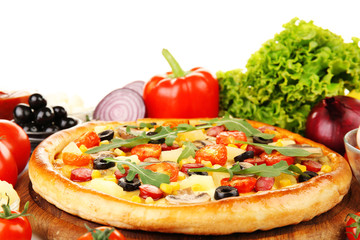 Delicious pizza with vegetables, close-up