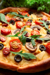 Delicious pizza with vegetables, close-up