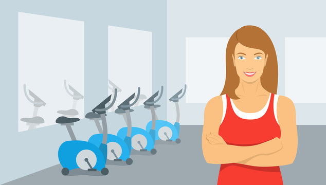Personal fitness trainer in the gym. Smiling young woman sport instructor in a fitness room with exercise bikes. Promotional vector illustration of a sports club, a fitness center, individual training