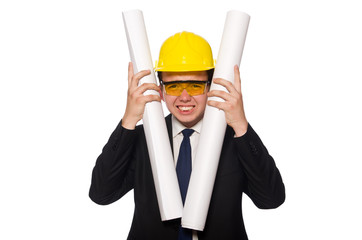 Funny architect with drawings on white