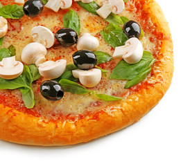 Delicious tasty pizza with vegetables, isolated on white