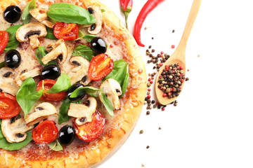 Delicious tasty pizza with vegetables on light background