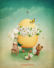 Fototapeta premium Greeting card or illustration with teddy bear and bunny decorating easter egg flowers