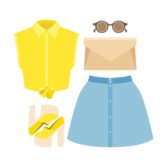 Set of trendy women's clothes. Outfit of woman skirt, shirt and accessories. Women's wardrobe. Vector illustration