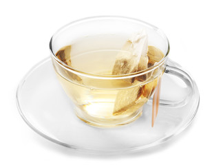 Glass cup of tea isolated on white background