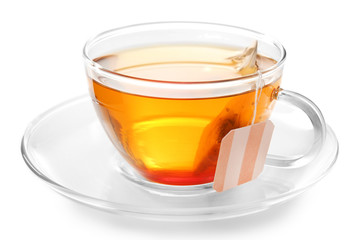 Glass cup of tea isolated on white background