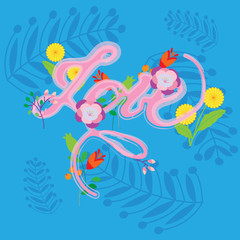 Vector written by hand -"love" text doodles with floral decor