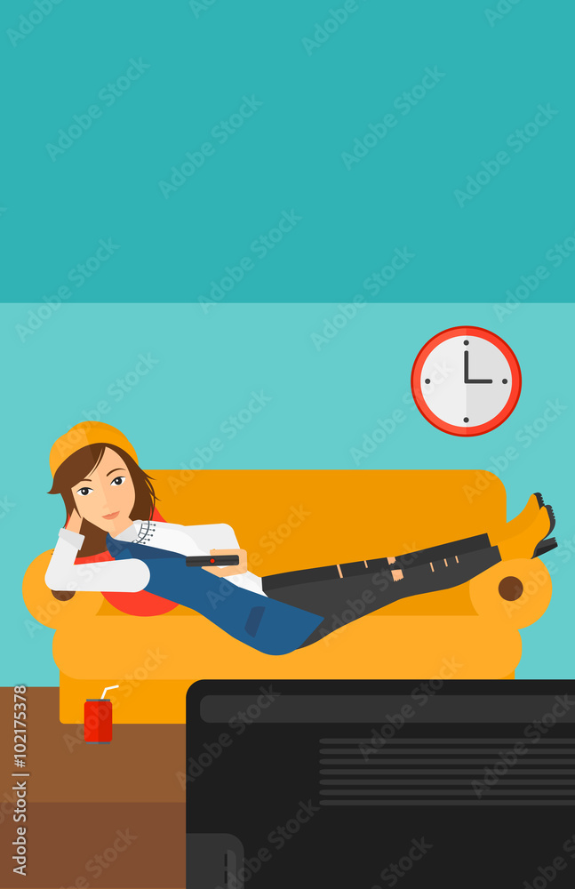 Wall mural Woman lying on sofa.