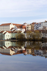 Colorful royal medieval Town Pisek above the river Otava, Czech Republic 