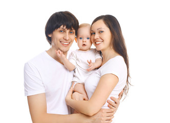 Portrait happy smiling family, mother and father with baby on wh