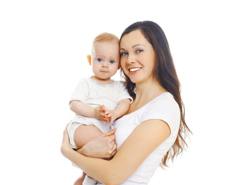 Happy smiling mother with baby over white background