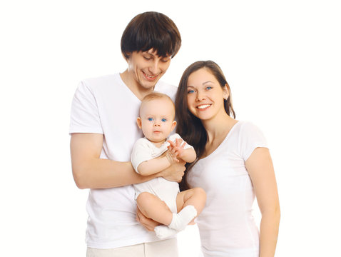 Happy young family together, mother and father with baby on whit